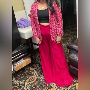 Vibrant Pink and Black Dress with Patterned Jacket